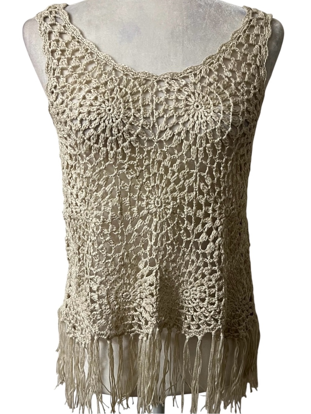 INC International Concepts Crochet Fringe Tank Top NWT Light Sand Medium - Picture 3 of 9